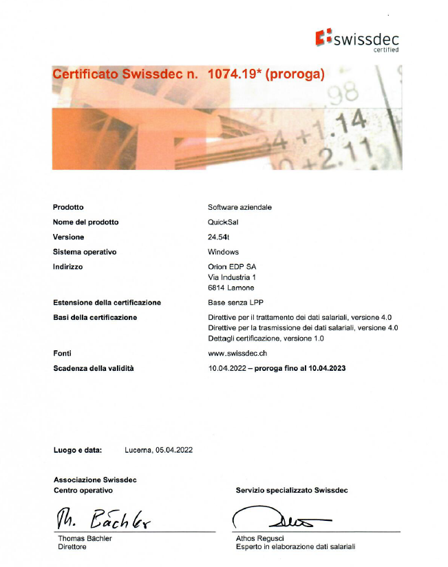 Proroga Certificato Swissdec 4.0